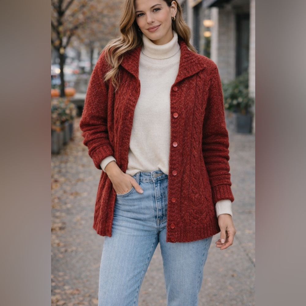 L.L. Bean Classic Red Cable Knit Sweater Cardigan - Size Large